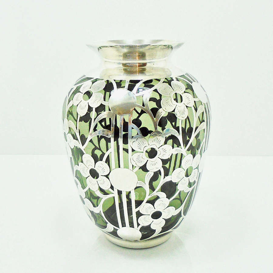 Friedrich Spahr Tourmaline Glass  Silver Overlay vase.