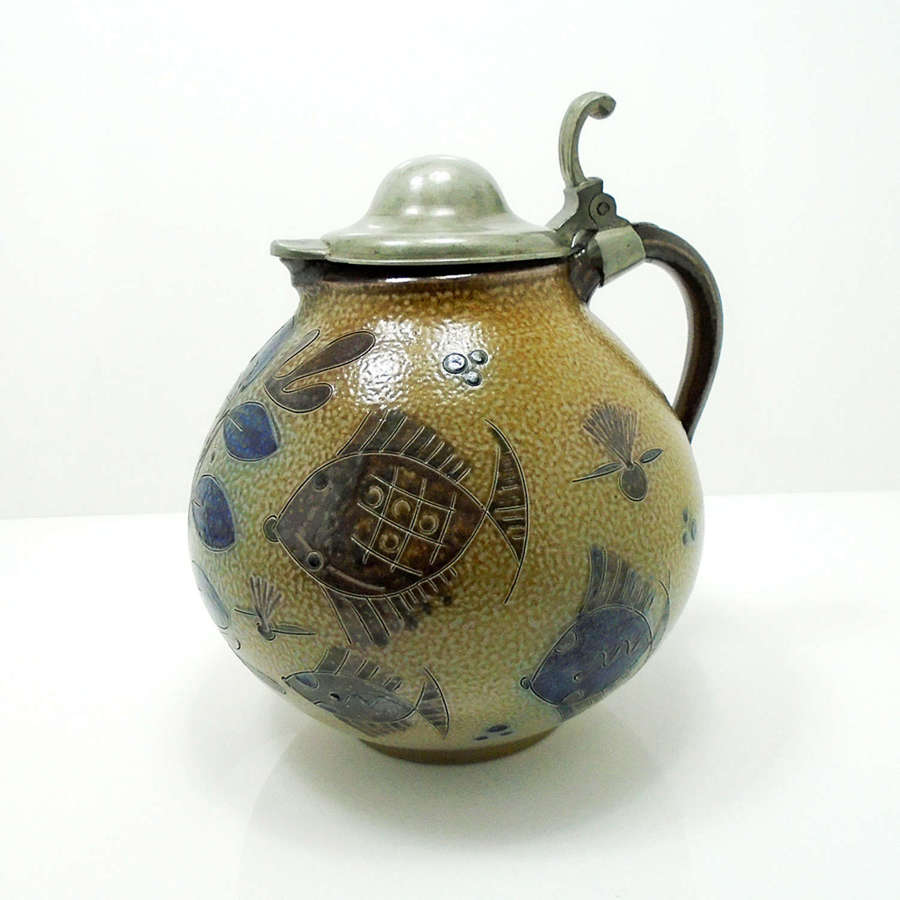 A large bulbous salt-glazed pewter lidded jug by Elfried Balzar K