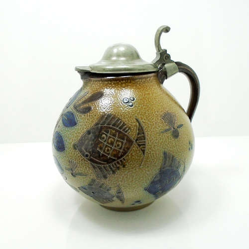 A large bulbous salt-glazed pewter lidded jug by Elfried Balzar K