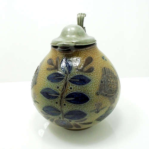 A large bulbous salt-glazed pewter lidded jug by Elfried Balzar K