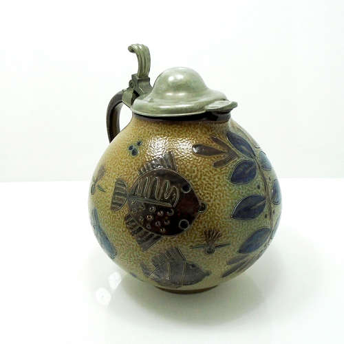 A large bulbous salt-glazed pewter lidded jug by Elfried Balzar K