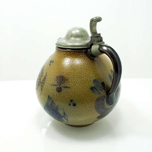 A large bulbous salt-glazed pewter lidded jug by Elfried Balzar K