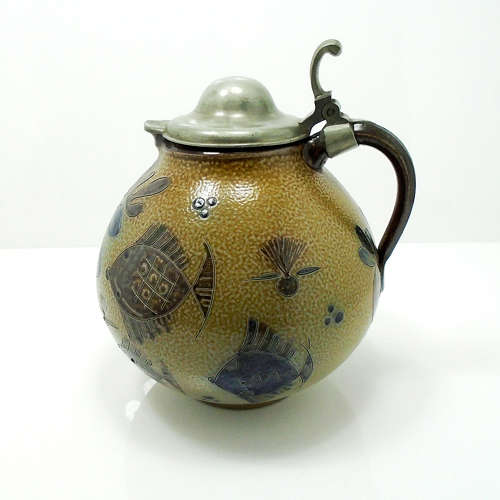 A large bulbous salt-glazed pewter lidded jug by Elfried Balzar K