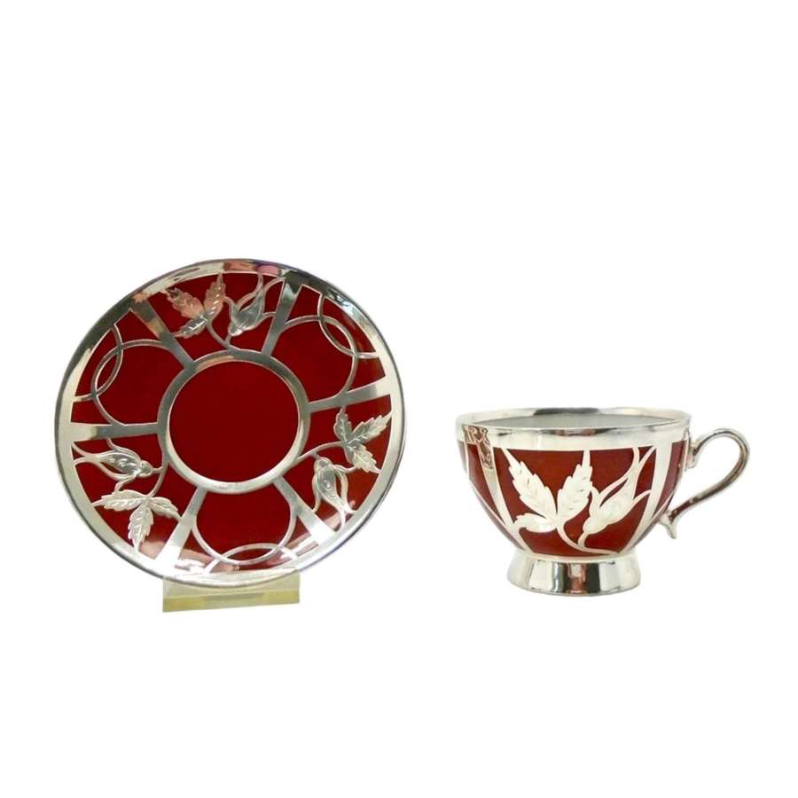 An early Friedrich Spahr Silver Overlay Cup & Saucer