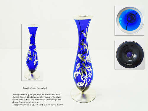 Friedrich Spahr (unmarked) blue glass silver overlay specimen vase