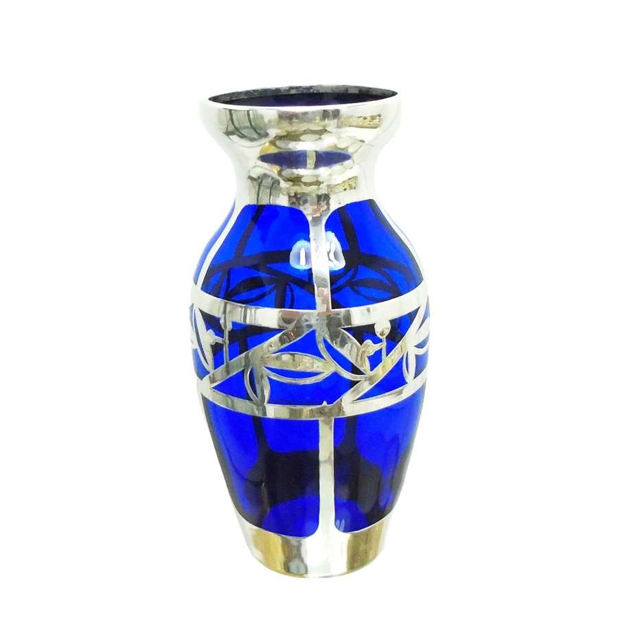 A small Friedrich Deusch Art Deco silver overlay small blue glass