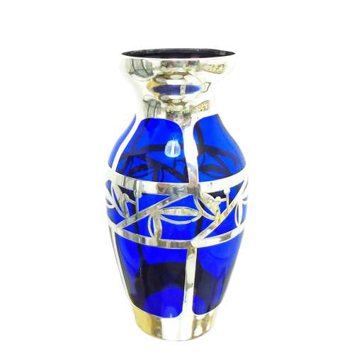 A small Friedrich Deusch Art Deco silver overlay small blue glass