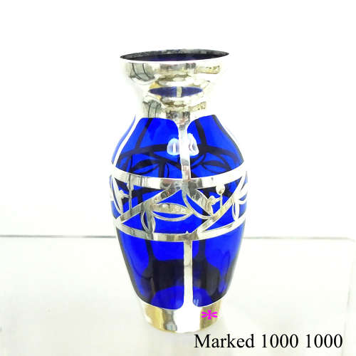 A small Friedrich Deusch Art Deco silver overlay small blue glass