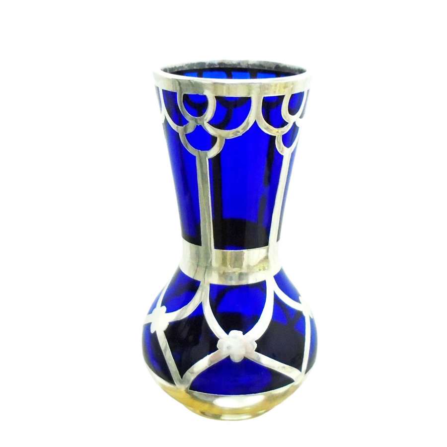 A Miniature 9cm tall Friedrich Deusch silver overlay Blue glass vase
