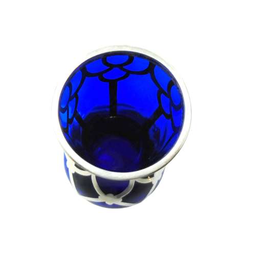 A Miniature 9cm tall Friedrich Deusch silver overlay Blue glass vase