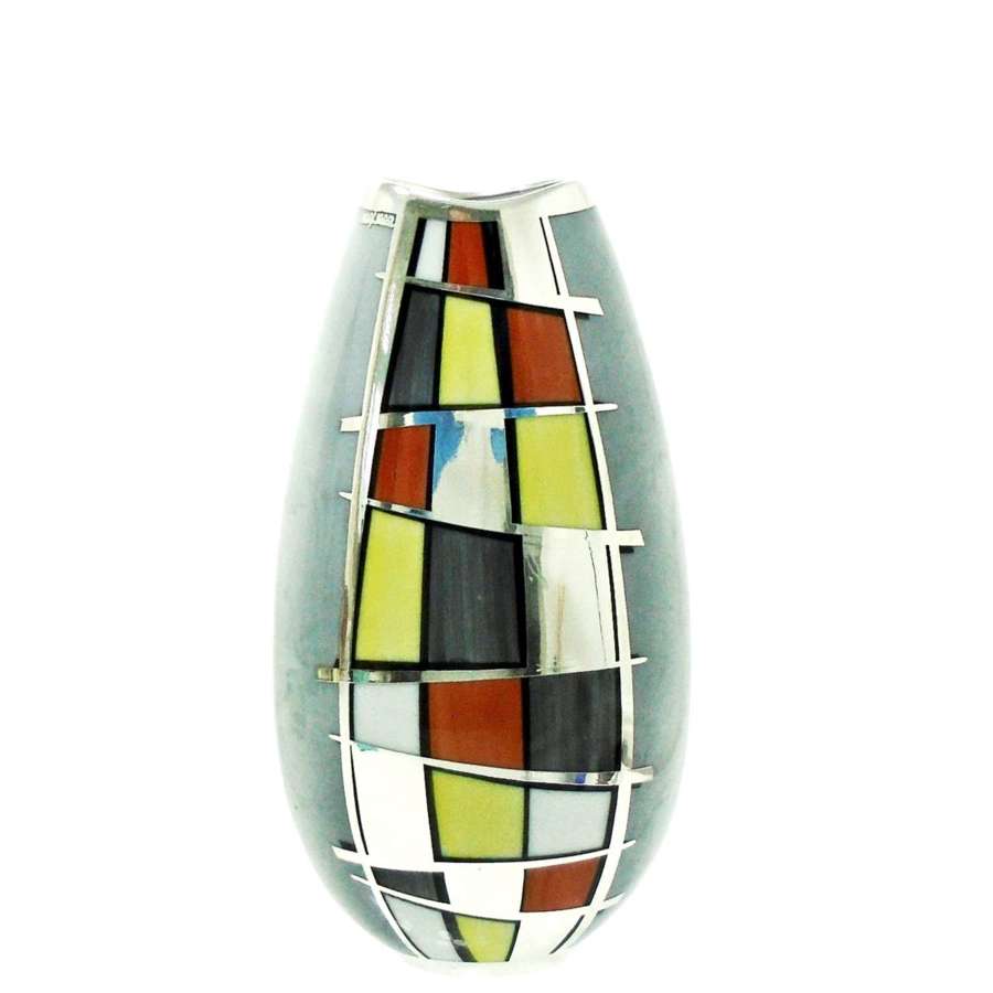 Manfred Veyhl Modernist Cubist inspired silver overlay vase