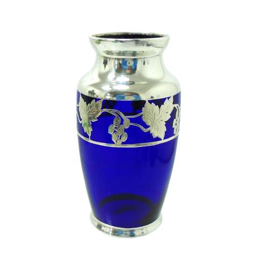 Blue glass vase with grape & vines in silver overlay
