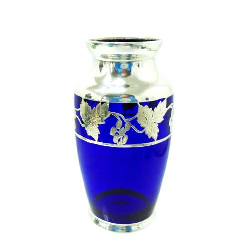 Blue glass vase with grape & vines in silver overlay