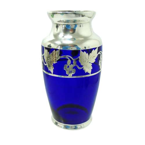 Blue glass vase with grape & vines in silver overlay
