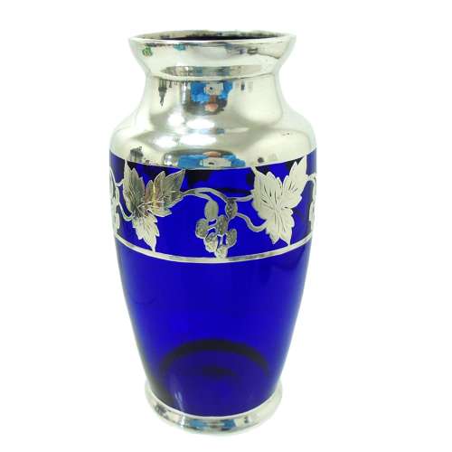 Blue glass vase with grape & vines in silver overlay