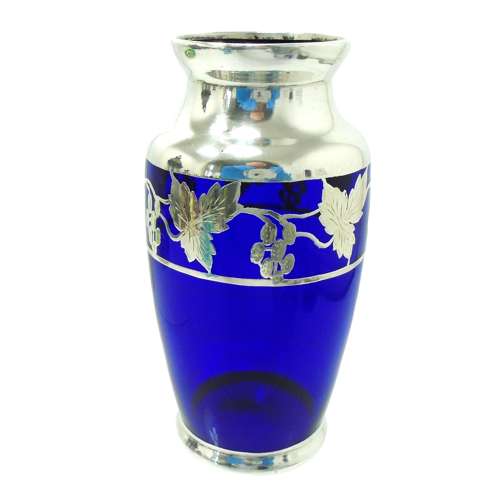 Blue glass vase with grape & vines in silver overlay