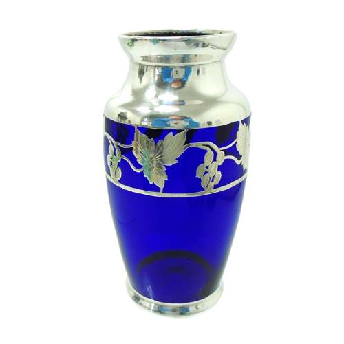 Blue glass vase with grape & vines in silver overlay