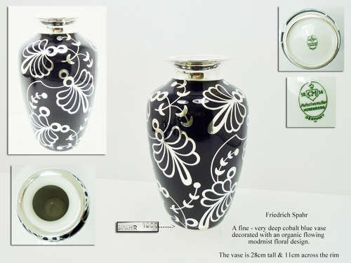 Deep Cobalt Blue Silver Overlay Vase by Friedrich Spahr