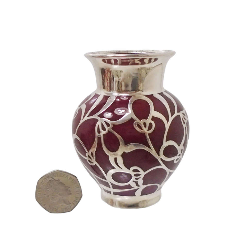 Friedrich Spahr Burgundy Silver Overlay Vase