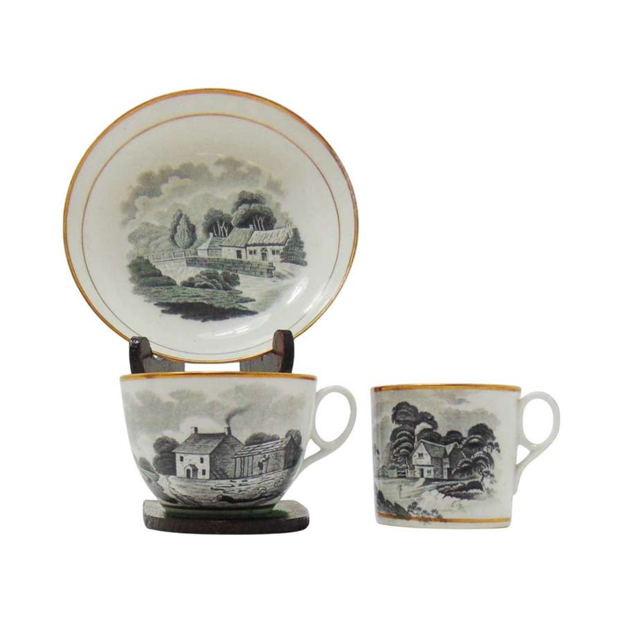 New Hall Porcelain Bat Printed Trio