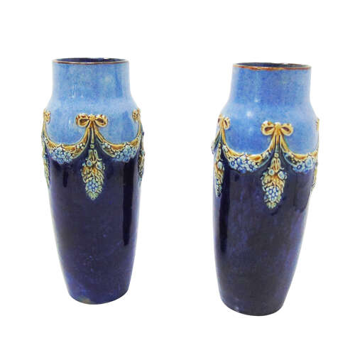 Pair of  Doulton Lambeth stoneware vases signed by Minnie Webb